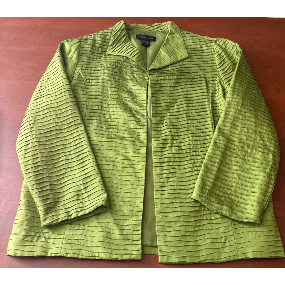 Silk Land Womens 100% Silk Pleated Open Front Jacket Lime Green Large L